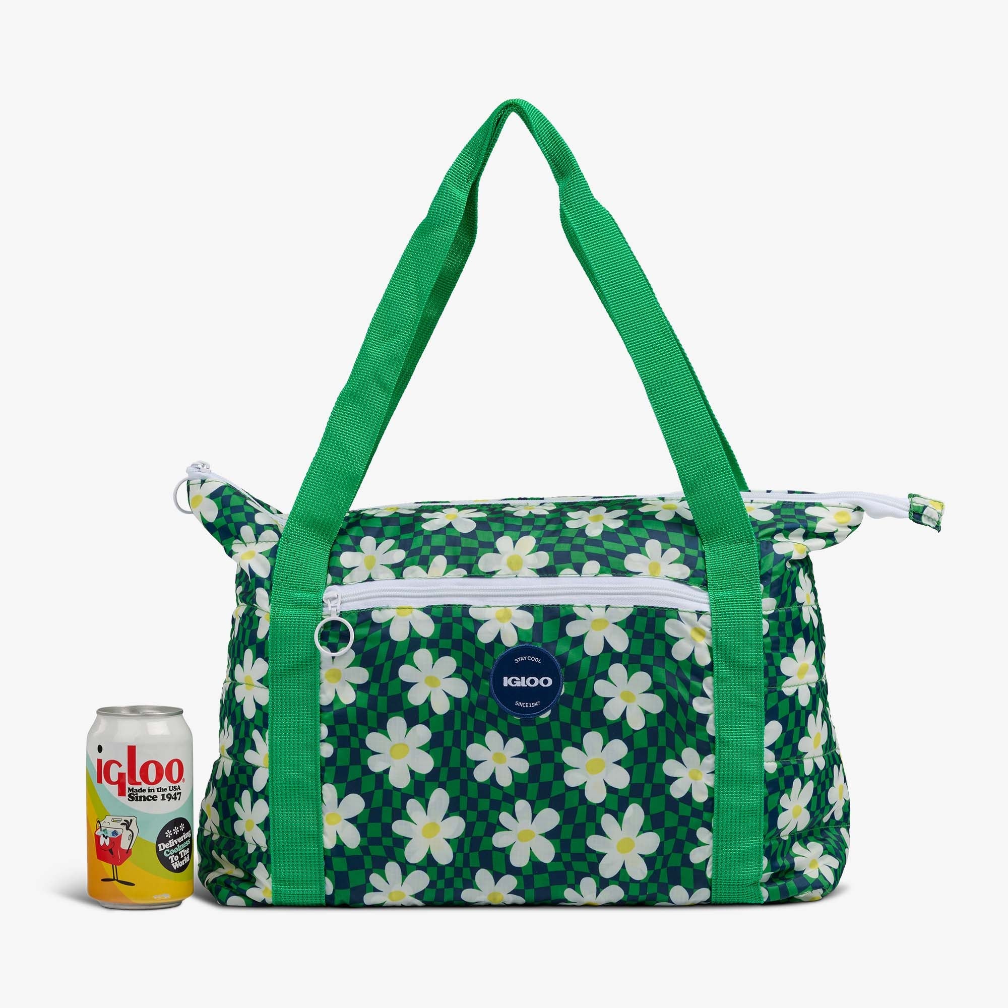 Retro Packable Puffer 20-Can Cooler Bag Q6 - Psychedelic Daisy - Size View
